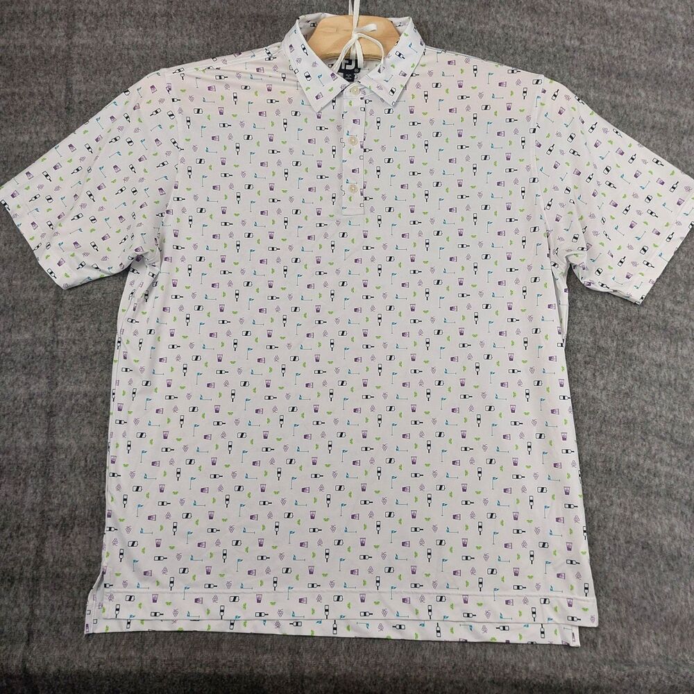 FootJoy Polo Shirt Mens 2XL XXL White Drinks Flag Golf Short Sleeve Stretch